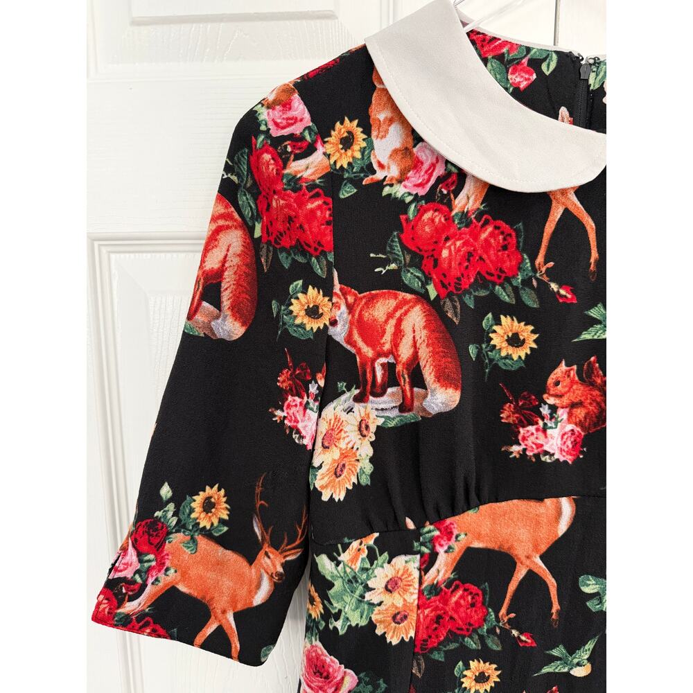 Hell Bunny Vixen Woodland Creature Fox Deer Floral Peter Pan Collar Dress Retro - Picture 2 of 10